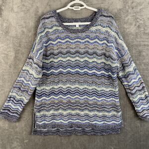 J. Jill Pullover Sweater Womens Large Oversized Open Knit Blue Chevron Cotton